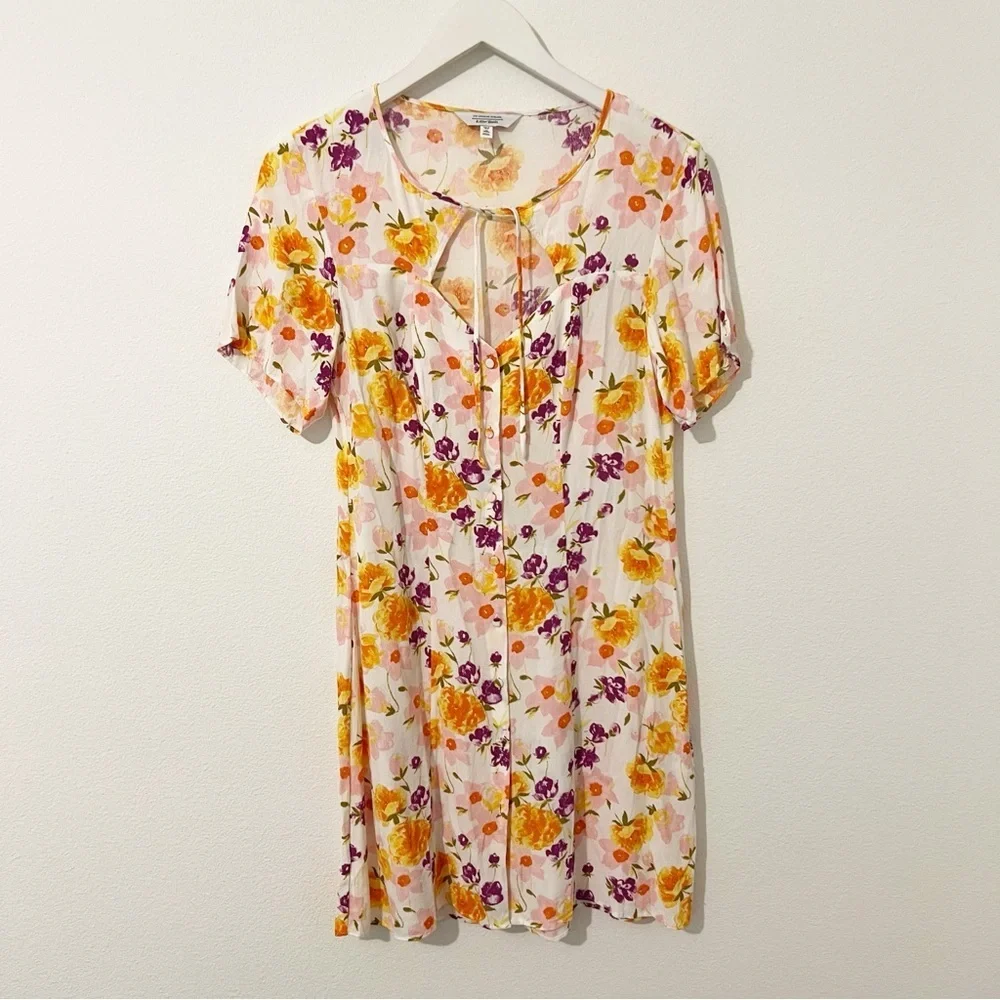 & other stories Cut Out Floral Mini Dress White Short Sleeve Button Size US 8